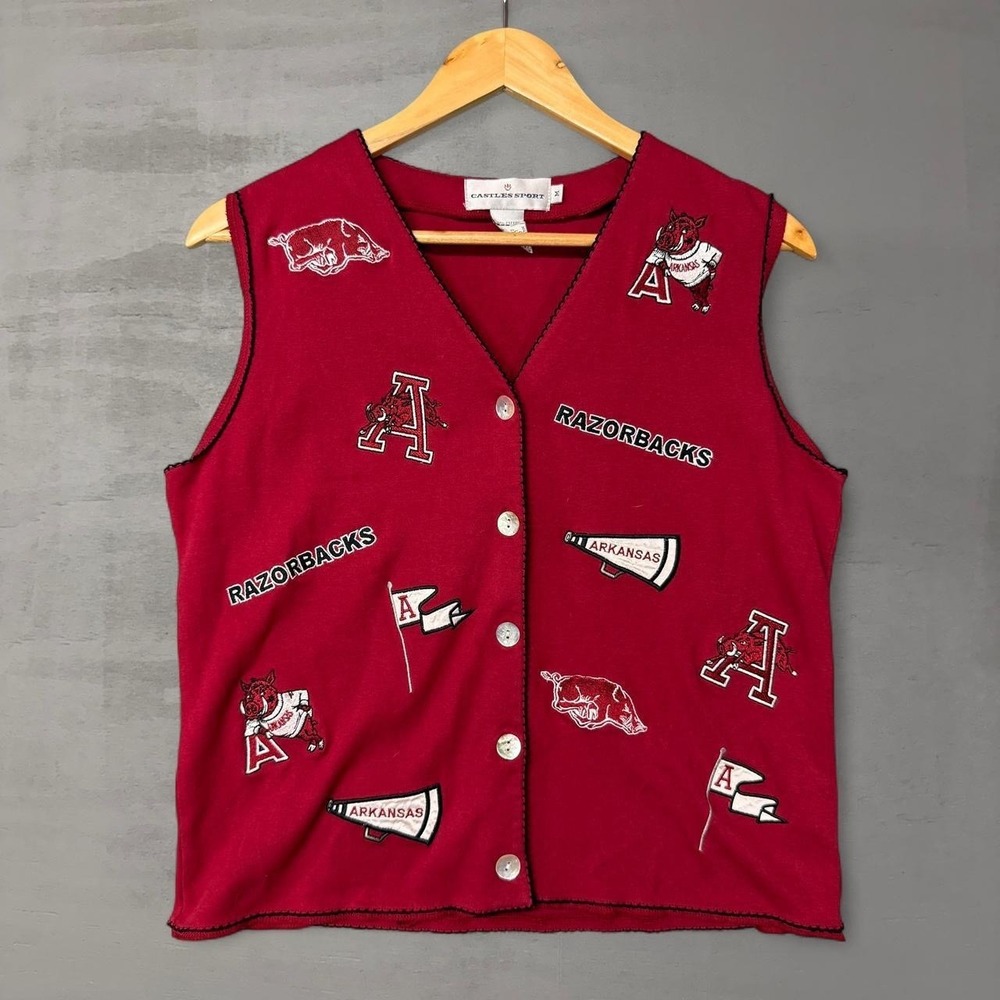 Vintage Arkansas Razorbacks Sweater Vest Red Cardigan Patch Button Up Medium